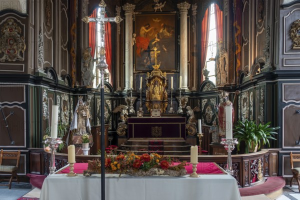12th century Church of Our Lady, Onze-Lieve-Vrouwekerk interior in the village Wulveringem in autumn, fall, Veurne, West Flanders, Belgium