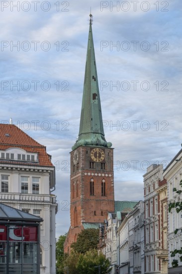 Tower of St Jacobi Church, consecrated in 1334 as the Church of Seafarers and Fishermen, Hanseatic City of Lübeck, Schleswig-Holstein, Germany