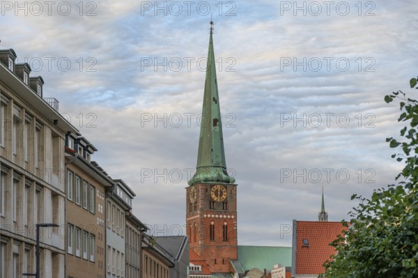 Tower of St Jacobi Church, consecrated in 1334 as the Church of Seafarers and Fishermen, Hanseatic City of Lübeck, Schleswig-Holstein, Germany