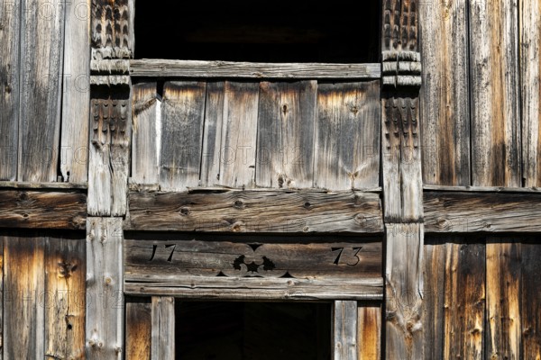 Detail wooden house from 1773, Maihaugen open-air museum with houses and objects from farms in Gudbrandsdal, Lillehammer am Mjøsa Lake, Innlandet County, Norway