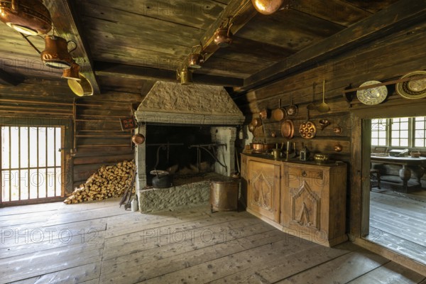 Kitchen, Baroque parish house in Vågå, Maihaugen open-air museum with houses and objects from farms in Gudbrandsdal, Lillehammer on Lake Mjøsa, Innlandet Municipality, Norway