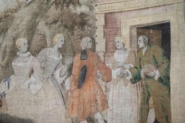 Scene from the life of the upper class, wallpaper, painted on burlap, imitating French style tapestry, Baroque rectory of Vågå, Maihaugen open-air museum with houses and objects from farms in Gudbrandsdal, Lillehammer am Mjøsa Lake, Innlandet Municipality, Norway