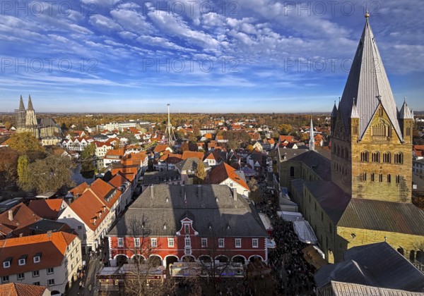 View from above from the Look mobile Skylift 360 degree panorama of St. Patrokli Cathedral and the old town of Soest, North Rhine-Westphalia, Germany