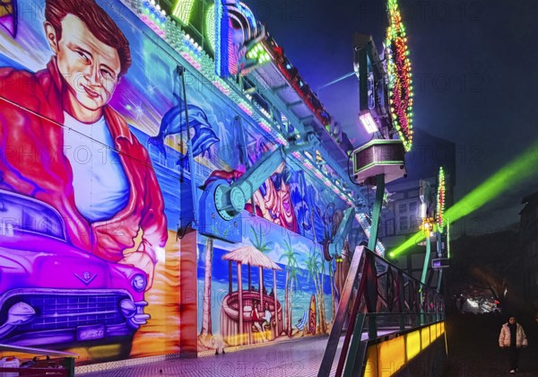Colourfully illuminated All Saints Fair at night, the largest old town fair in Europe, Soest, North Rhine-Westphalia, Germany