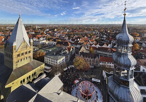 View from above from the mobile Skylift Look 360 degrees of St. Patrokli Cathedral and St. Peter's Church, Soest, North Rhine-Westphalia, Germany
