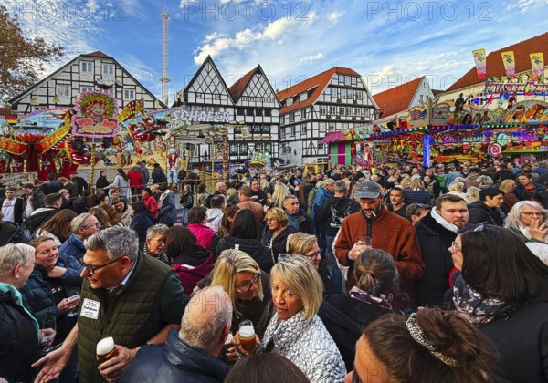 Many people at the All Saints Fair in front of half-timbered houses, largest old town fair in Europe, Soest, North Rhine-Westphalia, Germany