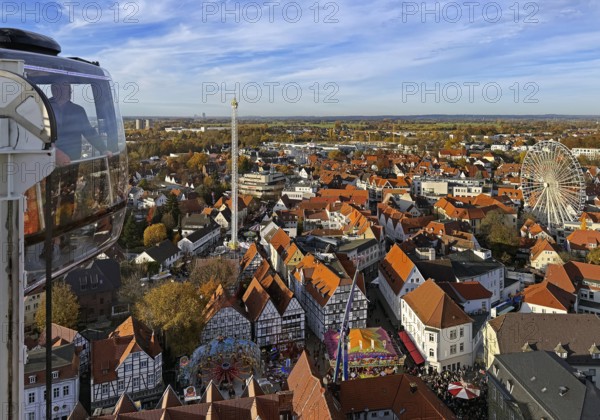 View from the mobile Skylift Look 360 degree panorama of the All Saints Fair and the old town of Soest, North Rhine-Westphalia, Germany