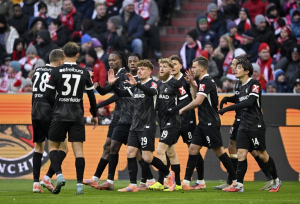 Goal cheers Matthias Ginter SC Freiburg SCF (28) Max Rosenfelder SC Freiburg SCF (37) Philipp Treu SC Freiburg SCF (29) Niklas Beste SC Freiburg SCF (19) Maximilian Eggestein SC Freiburg SCF (08) Yuito Suzuki SC Freiburg SCF (14) Lucas Höler SC Freiburg SCF (09) Allianz Arena, Munich, Bavaria, Germany