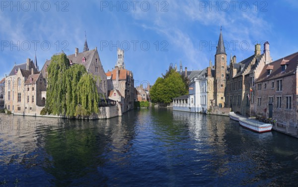 Famous view of Bruges old city with the Belfry and the Dijver canal, Bruges, Flanders, Belgium