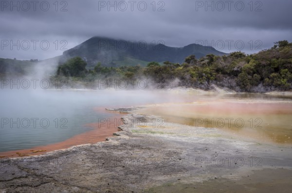 The champagne pool in the Waiotapu geothermal area (Wai-O-Tapu) . orange and yellow. Waiotapu, Waikato, North Island, New Zealand