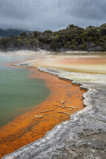 The champagne pool in the Waiotapu geothermal area (Wai-O-Tapu) . orange and yellow. Waiotapu, Waikato, North Island, New Zealand