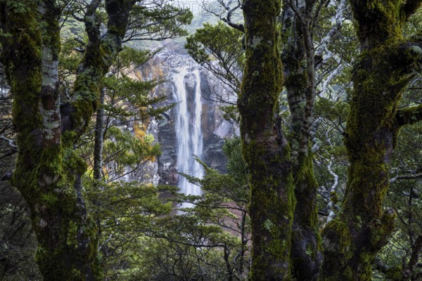 Mangawhero Falls waterfall. Where the Lord of the Rings film trilogies was filmed. Long exposure, blurred. Tongariro National Park, North Island, New Zealand