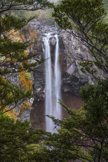 Mangawhero Falls waterfall. Where the Lord of the Rings film trilogies was filmed. Long exposure, blurred. Tongariro National Park, North Island, New Zealand