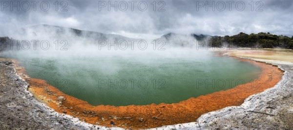 The champagne pool in the Waiotapu geothermal area (Wai-O-Tapu) . panoramic. Waiotapu, Waikato, North Island, New Zealand