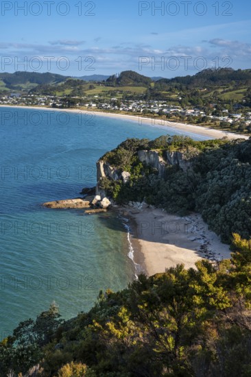 Landscape with sea and sandy beach in New Zealand. View of Lonely Bay and Cooks Beach from Shakespeare Cliff. Cooks Beach, Coromandel Peninsula, Waikato, New Zealand
