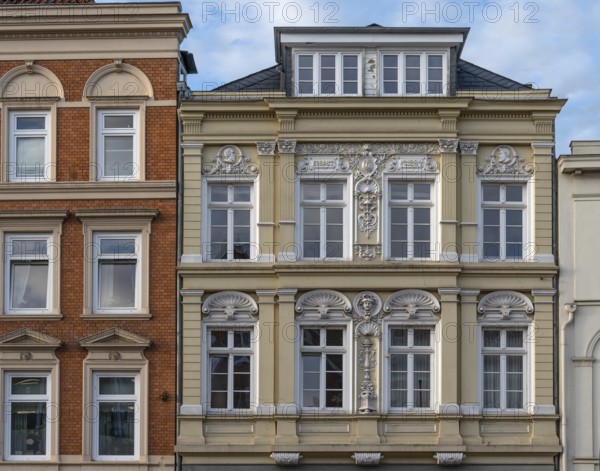 Decorative façade of a residential building built in 1884, Hanseatic City of Lübeck, Schleswig-Holstein, Germany
