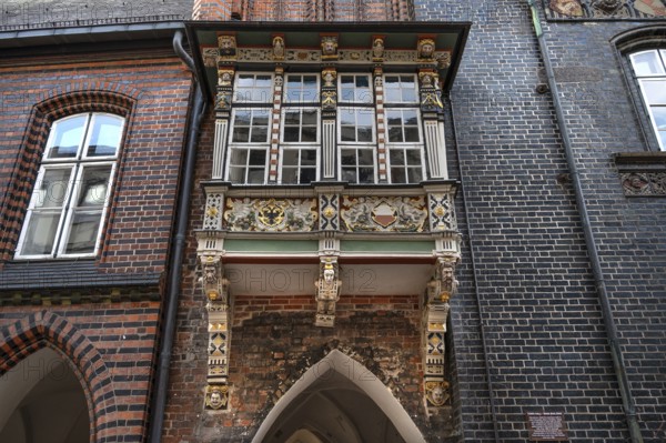 Town Hall balcony, built in Renaissance style, completed around 1500, Hanseatic City of Lübeck, Schleswig-Holstein, Germany