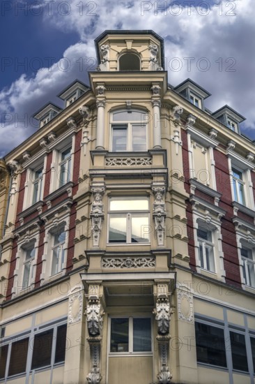 Multi-storey bay window of a corner residential building built around 1900, Breite Straße, Hanseatic City of Lübeck, Schleswig-Holstein, Germany