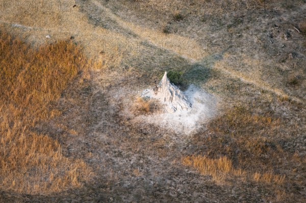Single termite hill, landscape, aerial view of the Okavango Delta, near Maun, Okavango Delta, Botswana