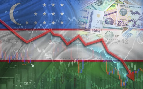 Uzbekistan financial fall on economy market. Uzbek financial crisis on economic graph