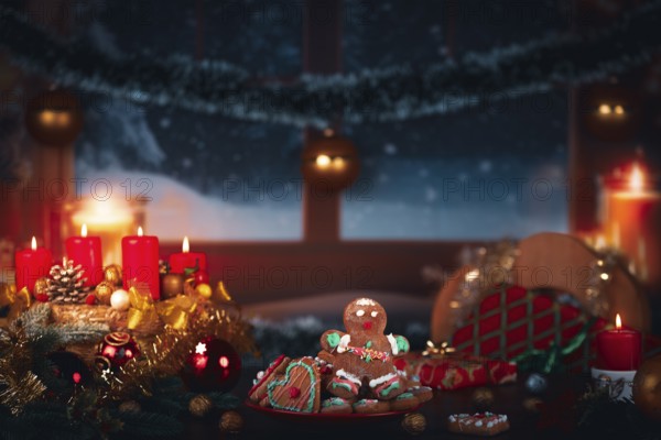 Winter scene with candles, gingerbread man, gifts and Christmas decoration