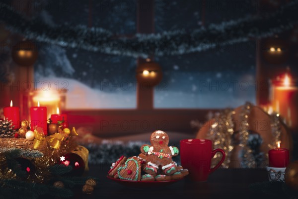 Cosy Christmas atmosphere with candles, gingerbread man and a winter view