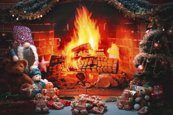 Plate of cookies in front of a fireplace with sparkling Christmas decorations and toys