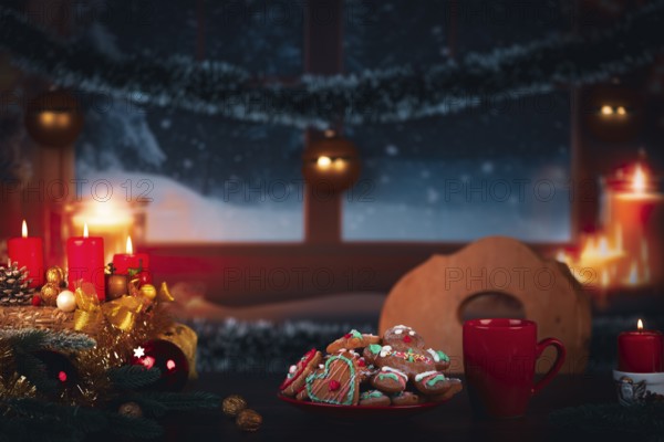 Festively decorated table with candles, cookies and cocoa in front of a snowy window at night