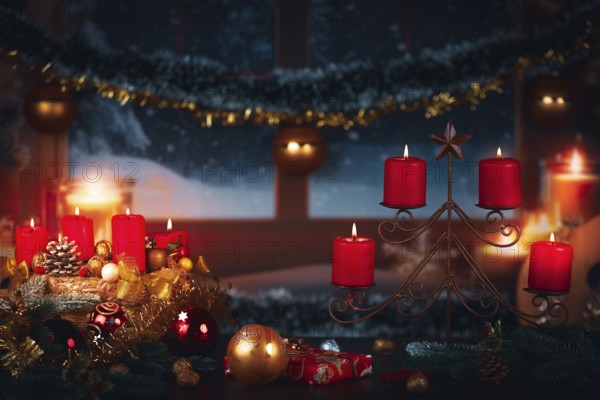 Festive Christmas decoration with red candles and gifts in front of a winter window