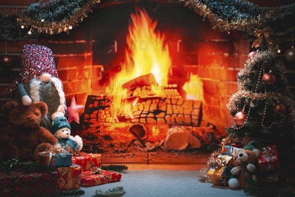 Fireplace with flickering fire surrounded by gifts and Christmas decorations, including teddy bears