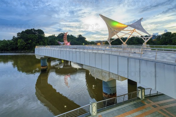 Pedestrian bridge at sunset in the Masjid Omar Ali Saifuddien Mosque complex, Bandar Seri Begawan, Brunei