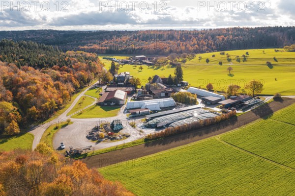 Autumn landscape with farm, fields and forests in vivid colors, new Lindenrain industrial park, Calw, Black Forest, Germany