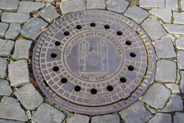 Manhole cover, manhole cover with the cathedral, cobblestones, Münster, Münsterland, North Rhine-Westphalia, Germany