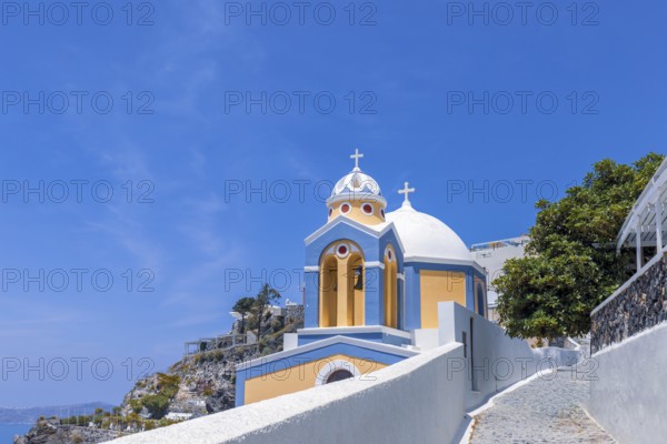 Greece Islands, scenic panoramic sea views of Santorini island from top outlook of Fira village