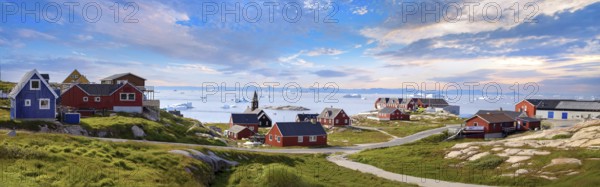 Typical architecture of Greenland Ilulissat with colored houses located near fjords and icebergs