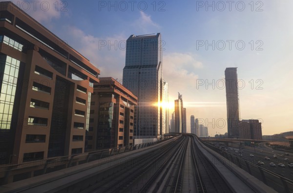 Dubai downtown financial skyline and business shopping center near Dubai Mall and subway metro line