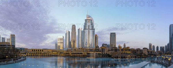 UAE, Dubai panoramic view of city downtown, Dubai Mall and Dubai Fountain