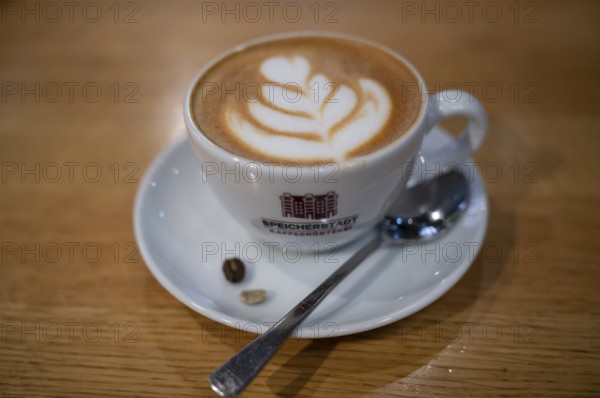 Cappuccino cup, coffee, wooden table, logo, coffee roastery, food, Free and Hanseatic City of Hamburg, Germany