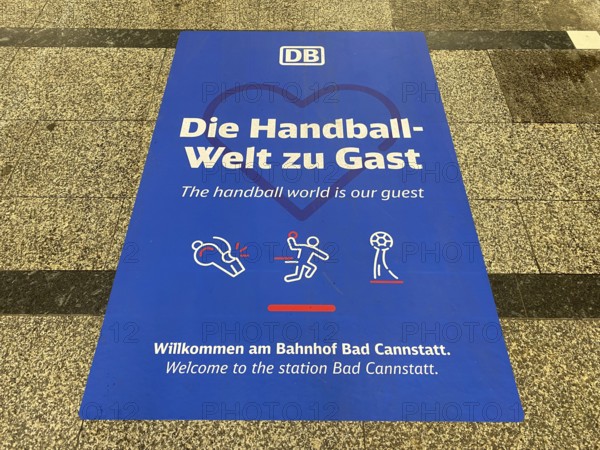Welcome to the spectators of the Women's Handball World Championships 2025 in Germany and the Netherlands, Die Handballwelt zu Gast, Deutsche Bahn, DB Logo Bahnhof Bad Cannstatt, Stuttgart, Baden-Württemberg, Germany
