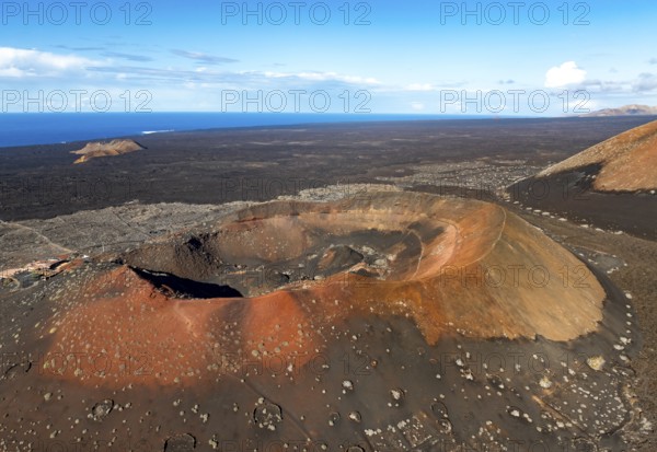 Montaña Quemada volcano, volcanic landscape with craters and lava fields, aerial view, Lanzarote, Canary Islands, Spain