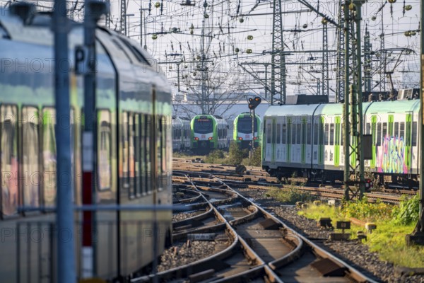 Public transport trains on the tracks, west of Dortmund Central Station, North Rhine-Westphalia, Germany