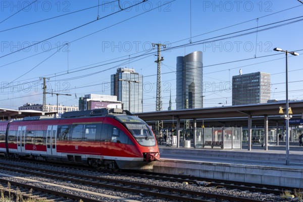The skyline of downtown Dortmund, seen from the main train station, Regionalbahn, RB43, North Rhine-Westphalia, Germany