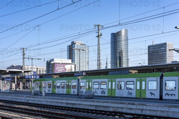 The skyline of the city center of Dortmund, seen from the main train station, S-Bahn, North Rhine-Westphalia, Germany