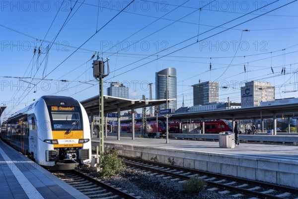The skyline of the city center of Dortmund as seen from the main train station, Rhine-Ruhr Express, RRX Zug, RE11, North Rhine-Westphalia, Germany