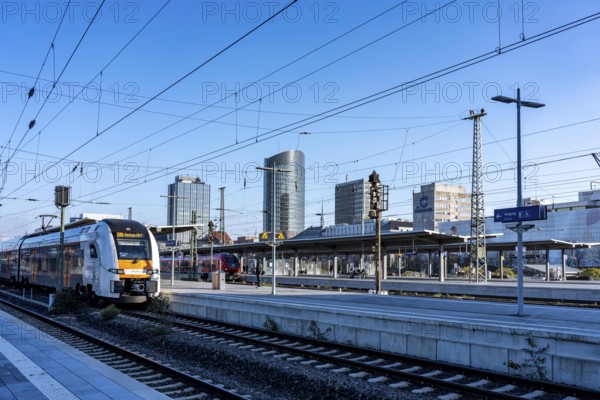 The skyline of the city center of Dortmund as seen from the main train station, Rhine-Ruhr Express, RRX Zug, RE4, North Rhine-Westphalia, Germany
