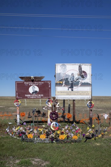 Kyle, South Dakota - A memorial on the Pine Ridge Indian Reservation for Todd Little Bull. Little Bull was shot and killed in 2016 shortly after writing Facebook posts exposing a medicine man who he said was faking spiritual experiences