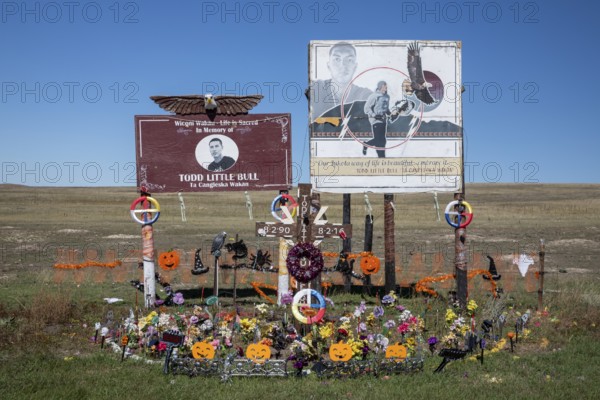 Kyle, South Dakota - A memorial on the Pine Ridge Indian Reservation for Todd Little Bull. Little Bull was shot and killed in 2016 shortly after writing Facebook posts exposing a medicine man who he said was faking spiritual experiences