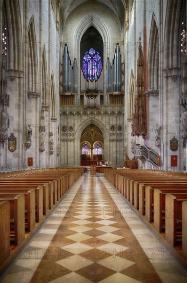 Interior view, main organ on the west gallery, central aisle facing west, Our Lady of Ulm, Ulm Münster, Ulm, Baden-Württemberg, Germany