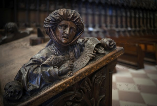 Interior view, picture carving in the choir stalls, Our Lady of Ulm, Ulm, Baden-Württemberg, Germany