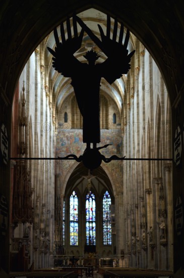 Interior view, Archangel Michael by Ulfert Jansen in the Arch of Our Lady of Ulm, Ulm Münster, Ulm, Baden-Württemberg, Germany